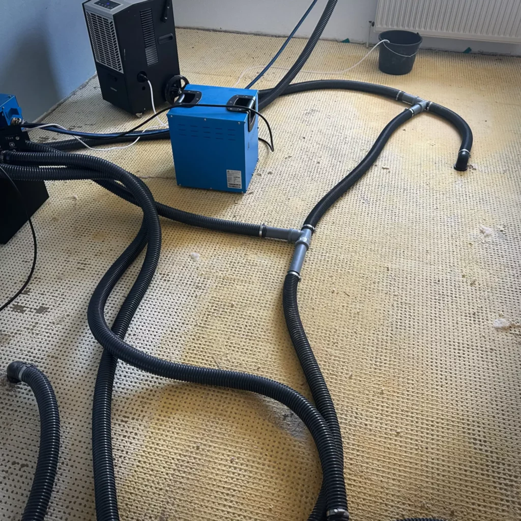 Bautrocknung unter dem Estrich mit Trocknungsmaschine und Schlauchsystem von BTS Schleiregion